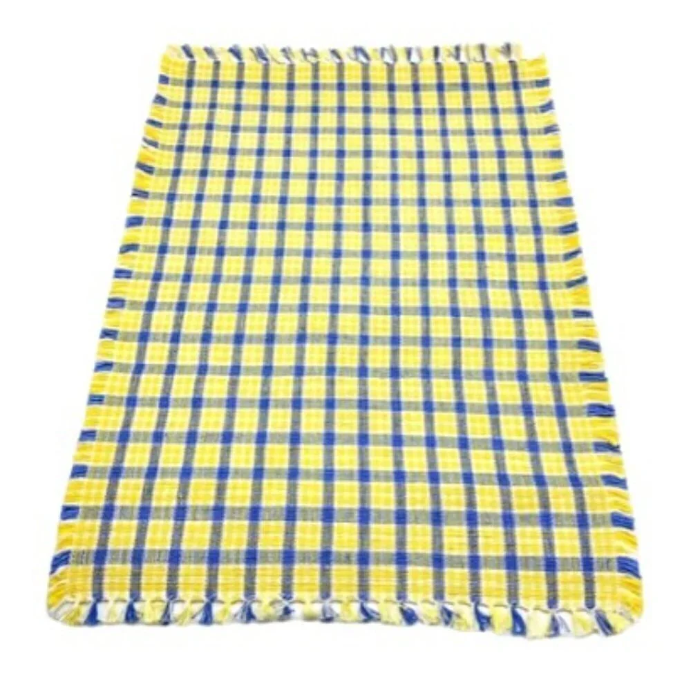 Set of 4 Blue Yellow Plaid Check Fringed Cotton Placemats